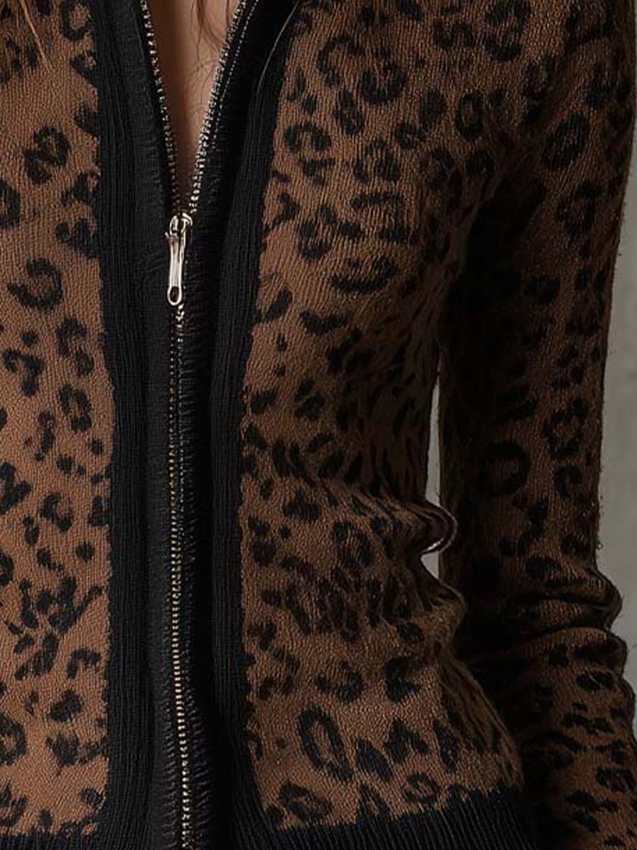 Vintage Leopard Print Slim Fit Zip Cardigan