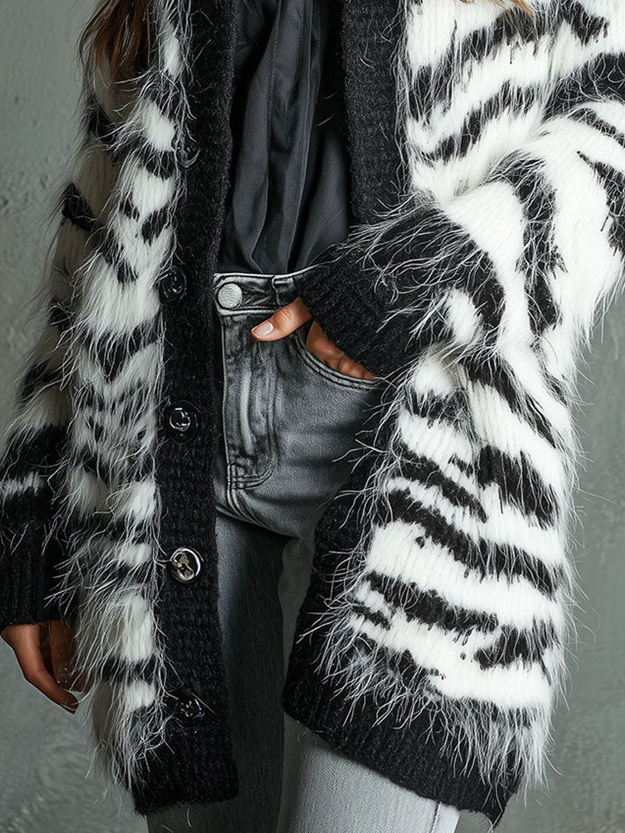 Cozy Fuzzy Zebra Pattern Soft Mohair Knit Cardigan