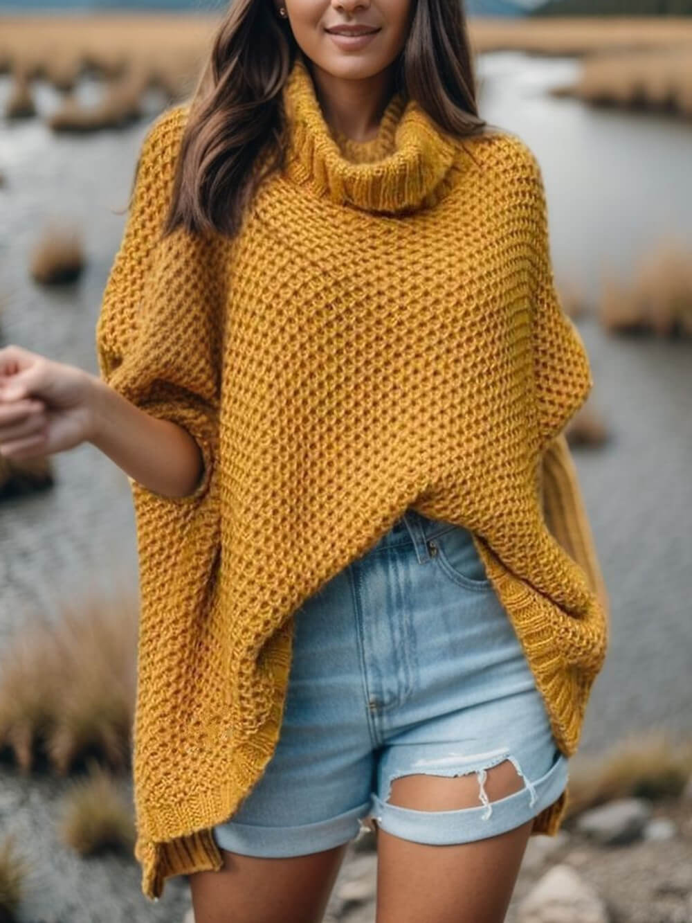 Giselle - Turtleneck Solid Dolman Sleeve Sweater