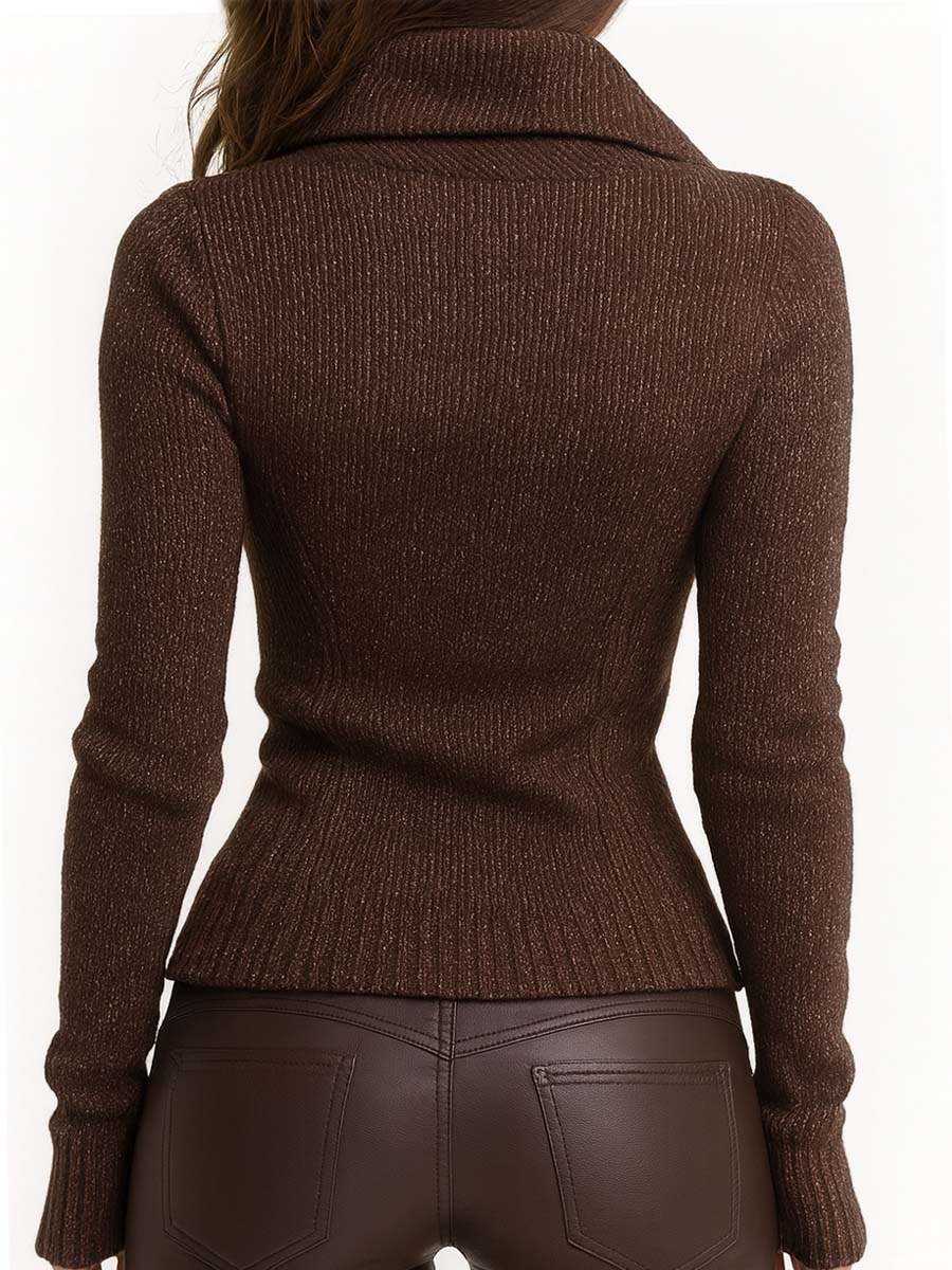 Brown Asymmetrical Zip Ribbed Knit Jacket