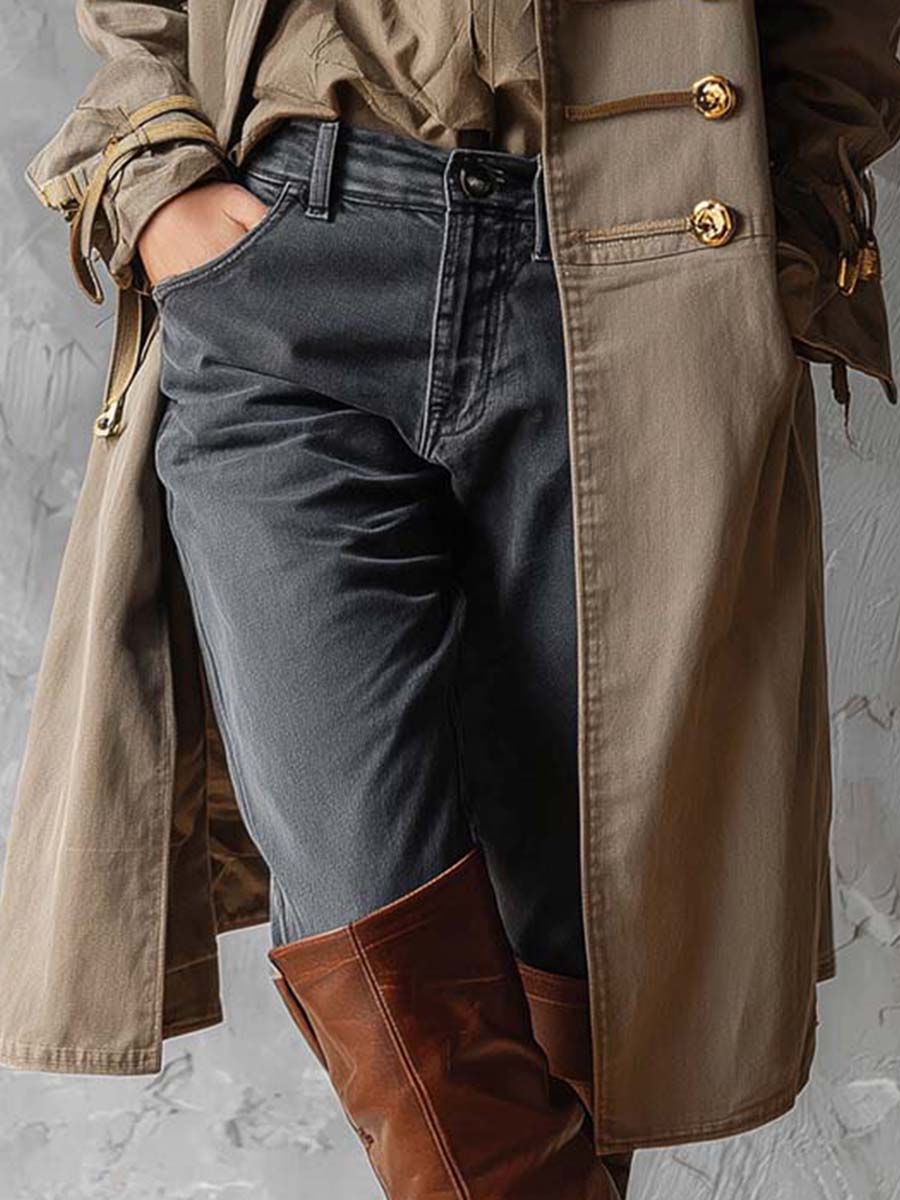 Vintage Military-Inspired Khaki Trench Coat With Gold Button Detailing