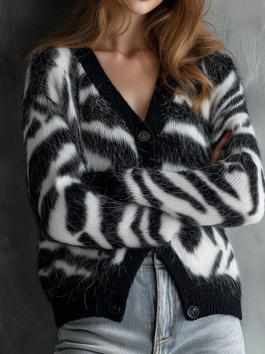 Chic Zebra Pattern Soft Mohair Fuzzy Knit Cardigan