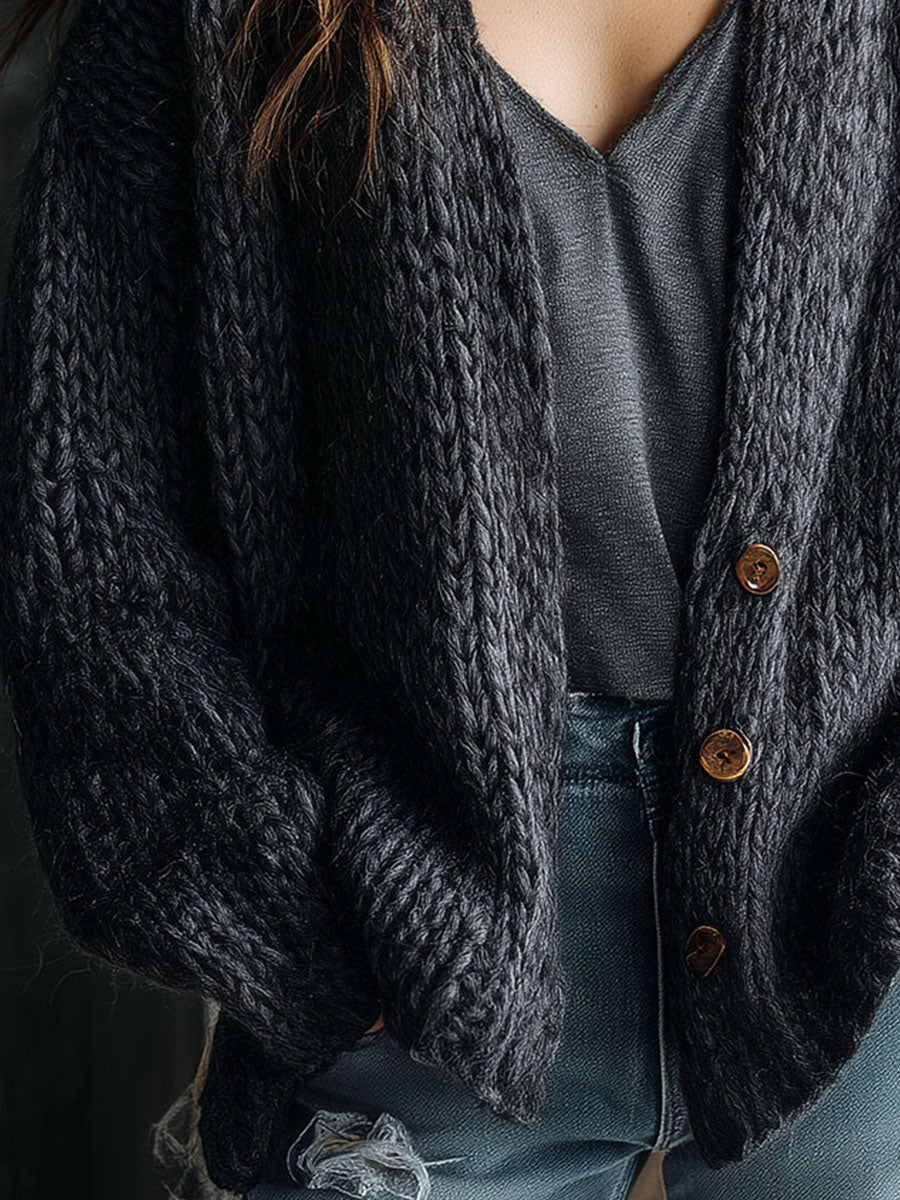 Charcoal Grey Chunky Knit  Oversized Button-Front Cardigan