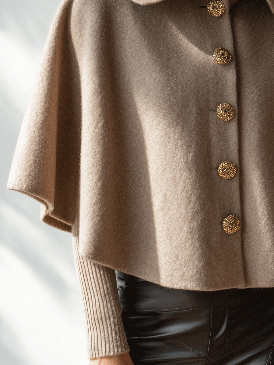 Chic Minimalist Beige Wool Button Cape