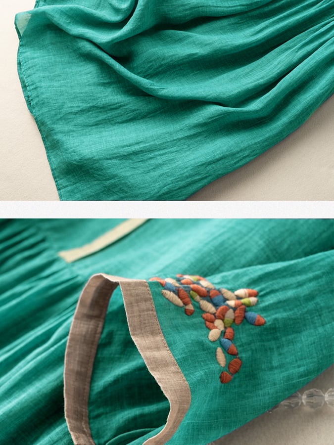 Emily - Women’s Embroidered Cotton-Linen Midi Dress with A-Line Fit