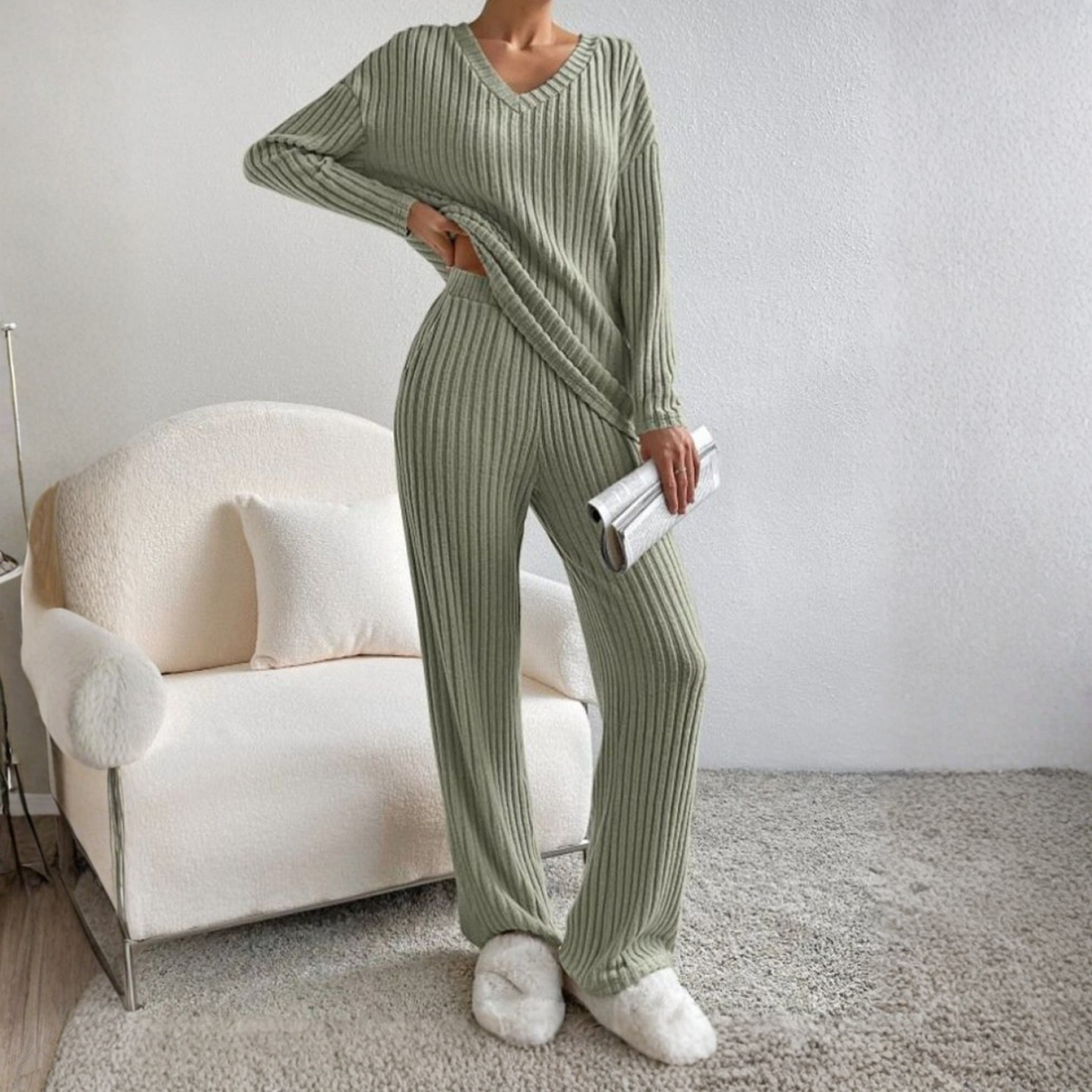 ENLINS™| Casual Long Sleeve V-Neck Top and Pants Set