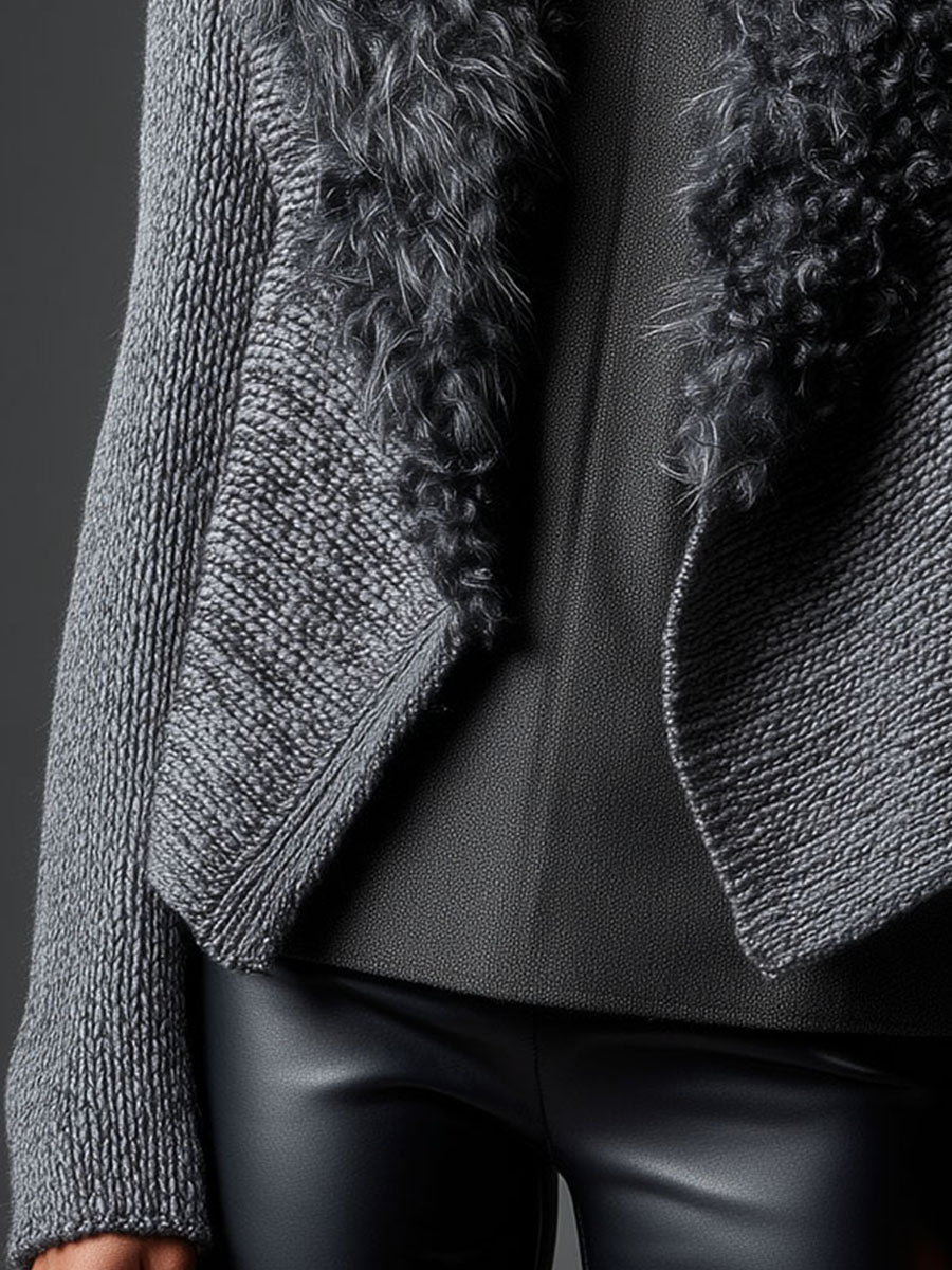 Grey Chunky Knit Cardigan With Eco Fur Collar