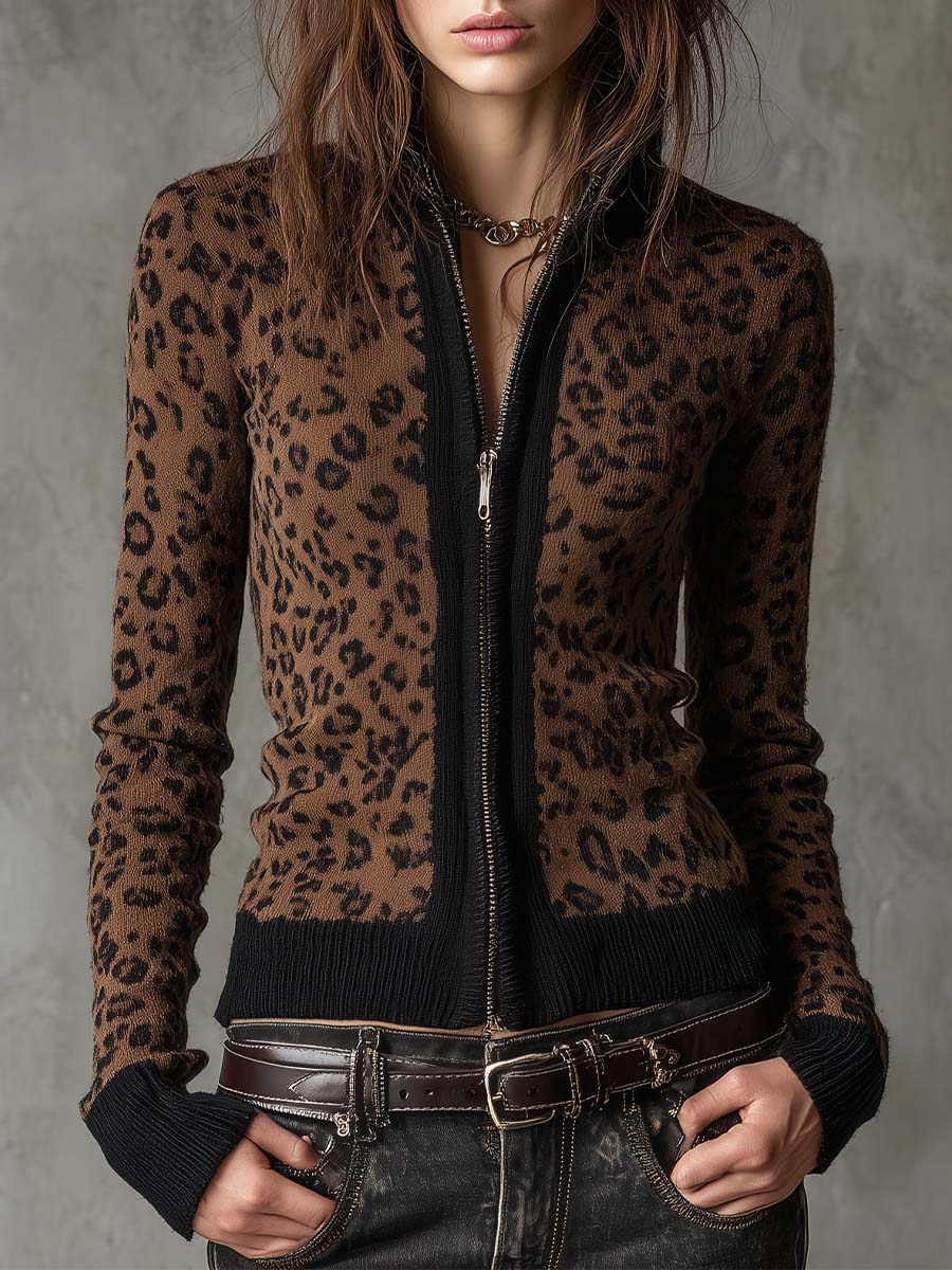Vintage Leopard Print Slim Fit Zip Cardigan