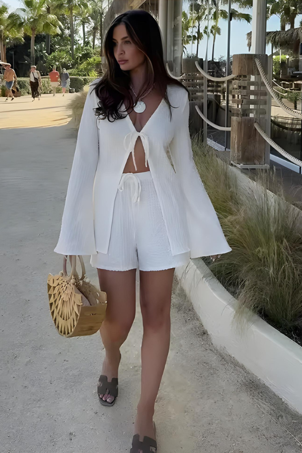 Boutique Eliza™ | Flared Sleeve Lace Up Shirt and Shorts Set