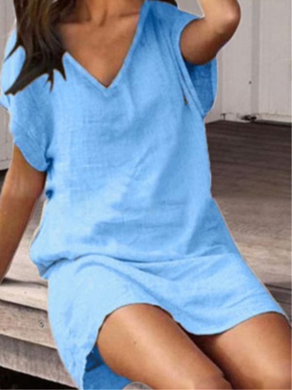 Nellie - V-Neck Dress with Short Sleeves and Loose Fit (Plus Size Available)