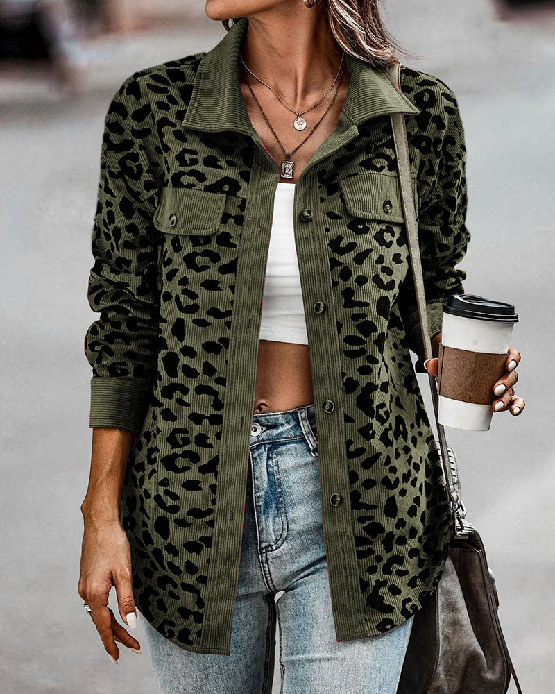 Casual Leopard Print Corduroy Jacket