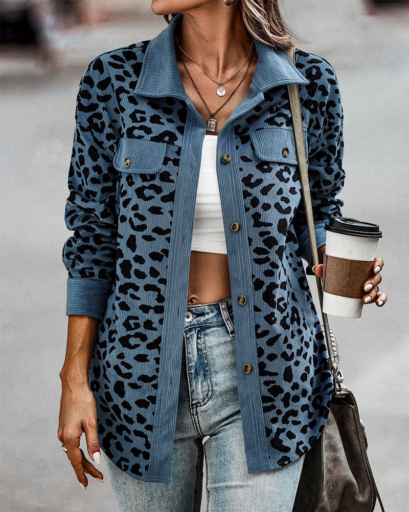 Casual Leopard Print Corduroy Jacket