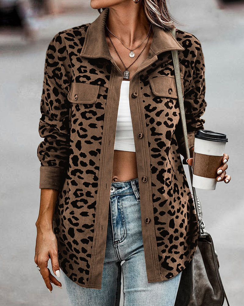 Casual Leopard Print Corduroy Jacket