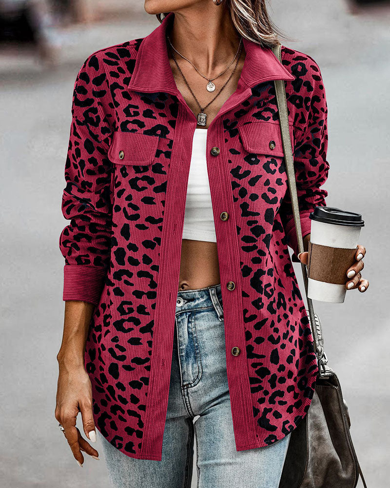 Casual Leopard Print Corduroy Jacket