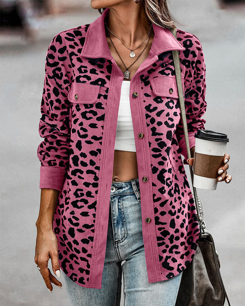 Casual Leopard Print Corduroy Jacket