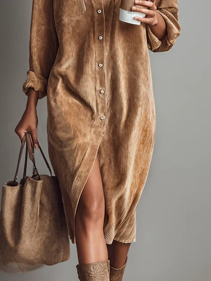 Sienna — Soft Corduroy Button-Up Midi Dress