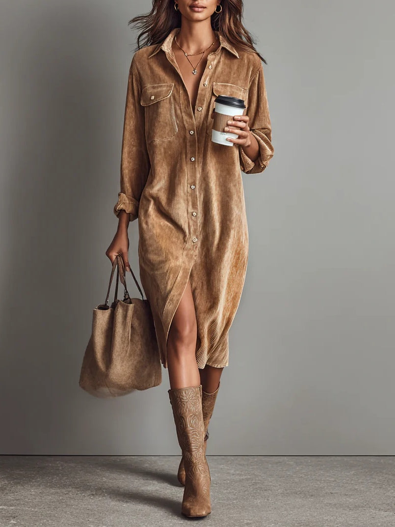 Sienna — Soft Corduroy Button-Up Midi Dress