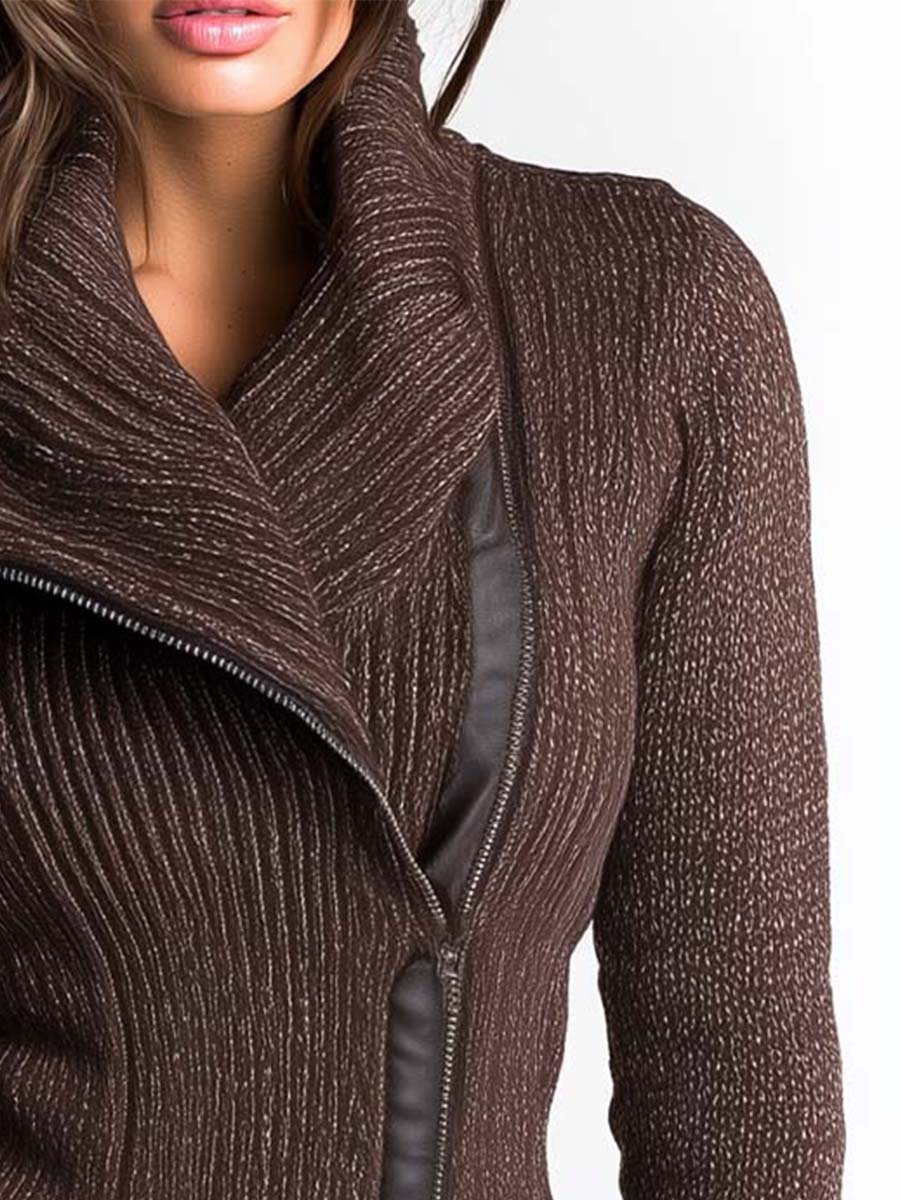 Brown Asymmetrical Zip Ribbed Knit Jacket