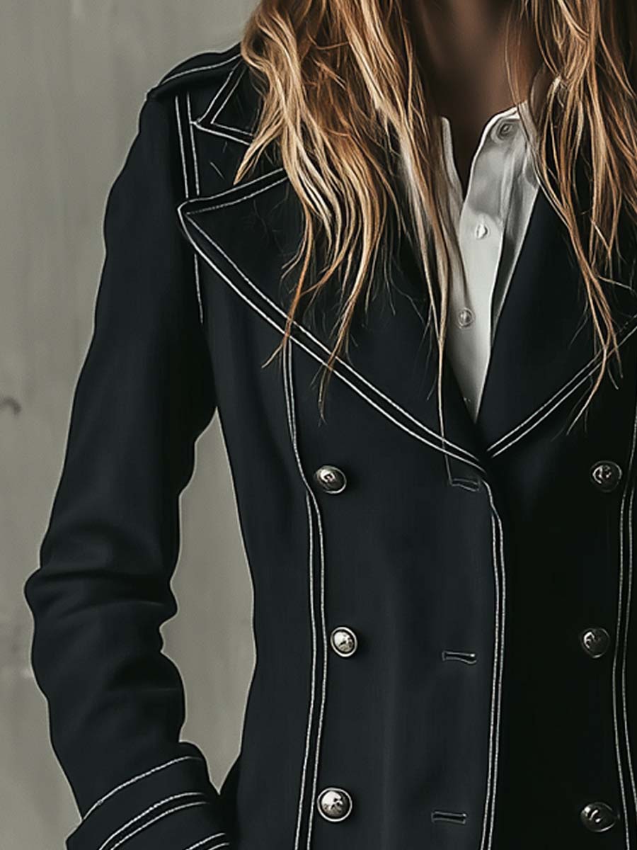 Black Double-Breasted Military Coat With Contrast Stitching