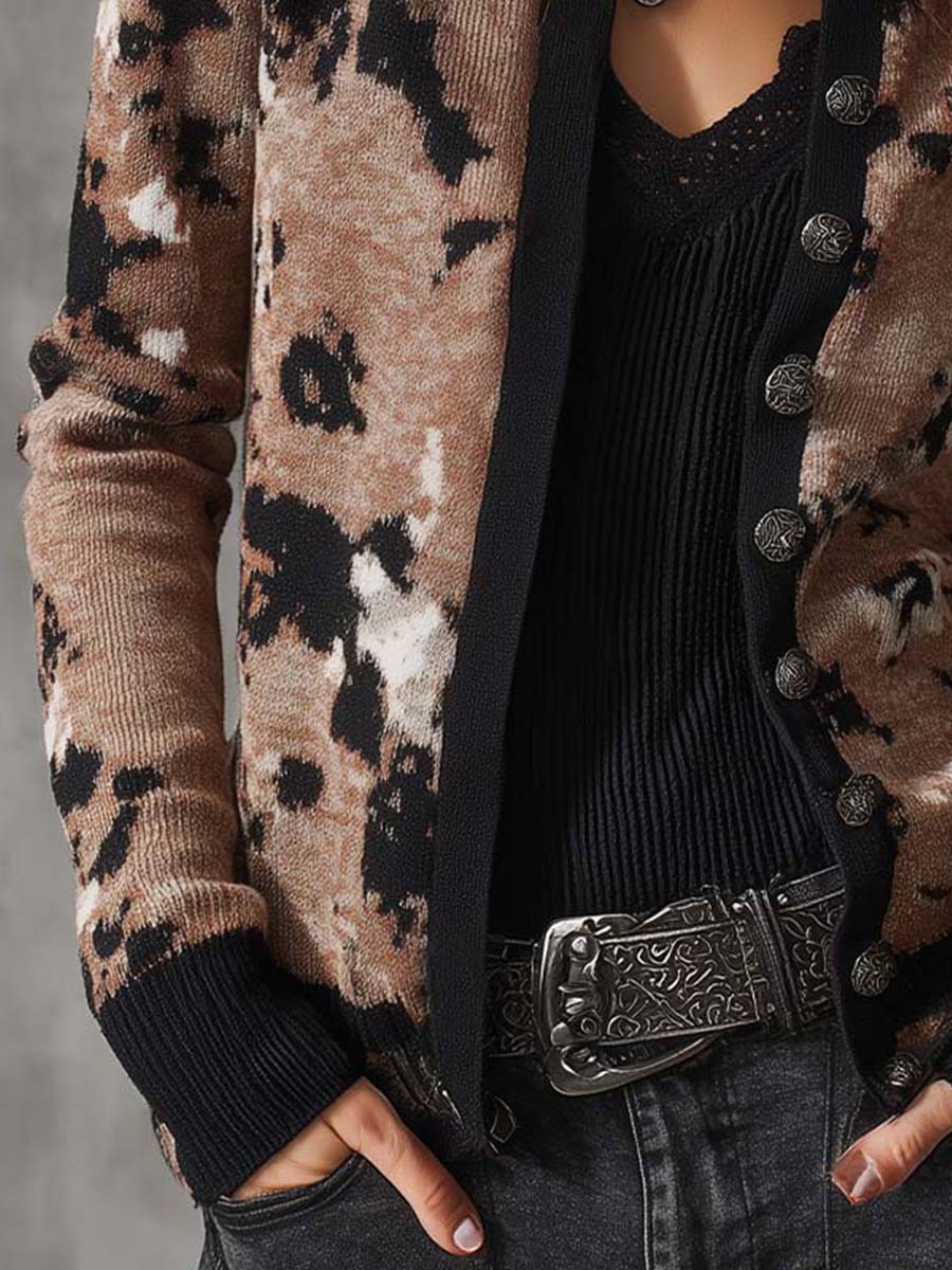 Vintage Cowhide Pattern Knit Cardigan