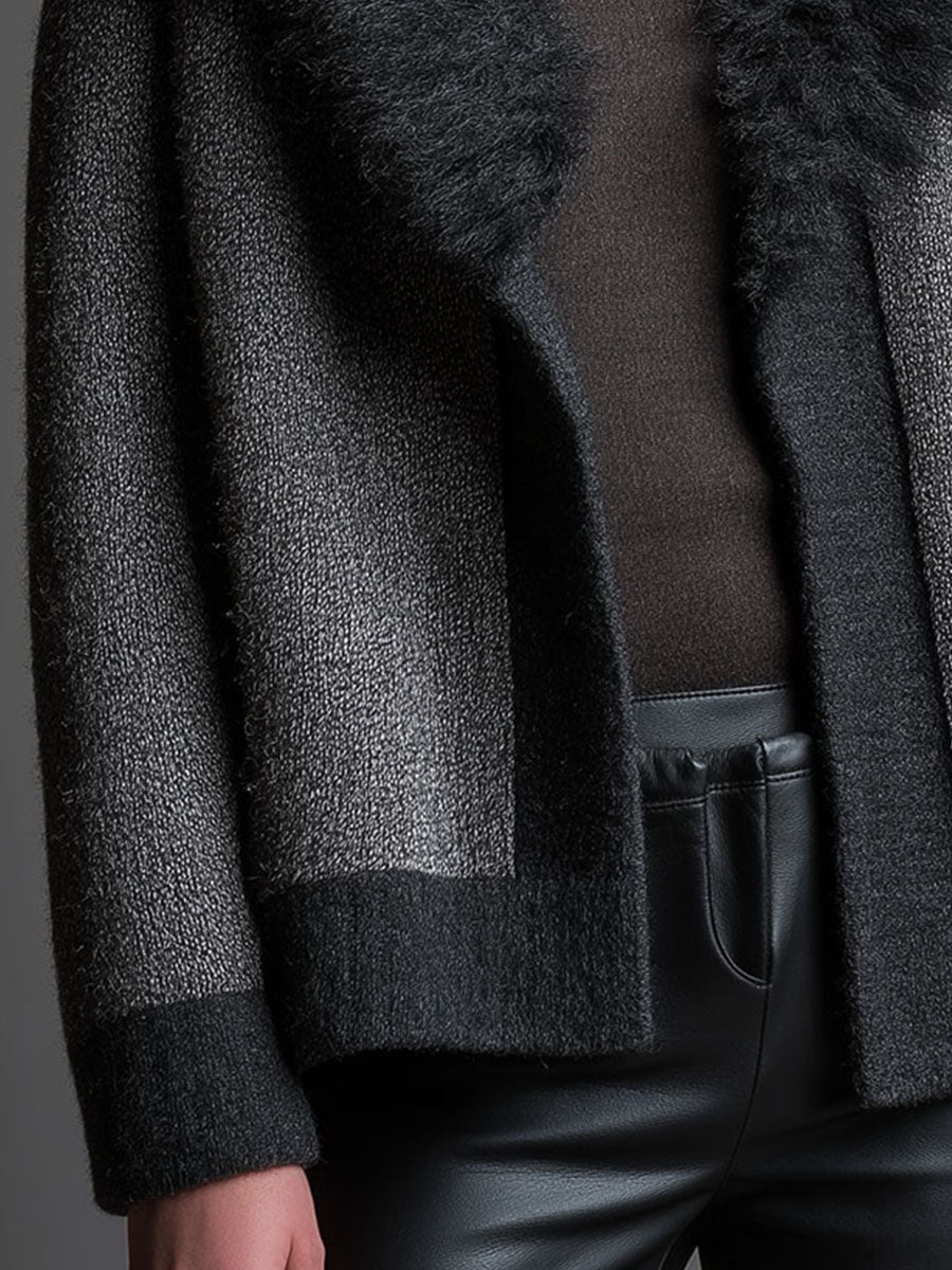 Grey Wool-Blend Knit Cardigan With Black Eco Fur Collar