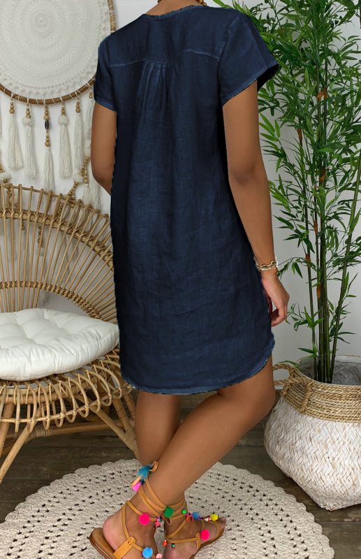Lily - V-Neck Linen Dress with Rolled Sleeves and Curved Hem