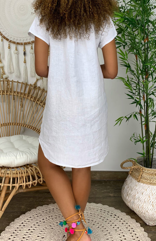 Lily - V-Neck Linen Dress with Rolled Sleeves and Curved Hem