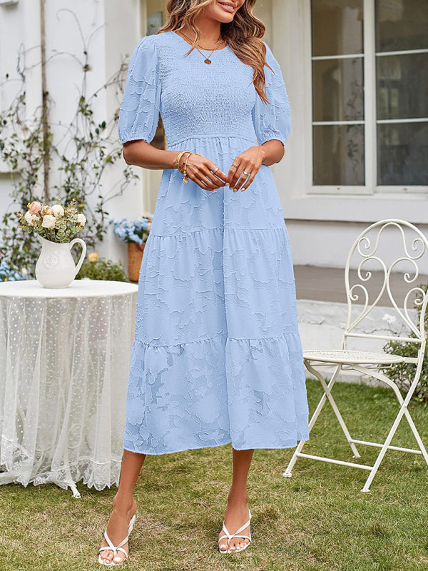 Elly - Smocked Bodice Midi Dress with Puff Sleeves and Tiered Skirt