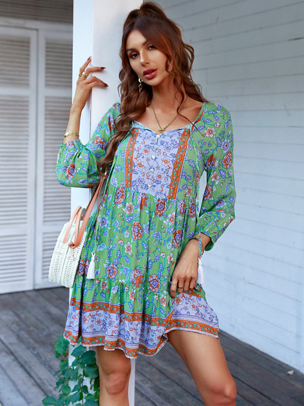 Maya - Bohemian Floral Print Dress with V-Neck and Tiered Skirt