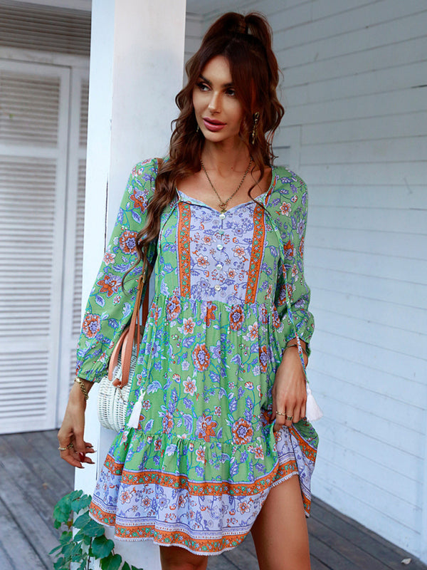Maya - Bohemian Floral Print Dress with V-Neck and Tiered Skirt