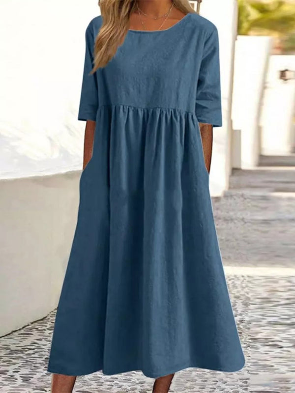 Cheyenne - Round Neck Midi Dress with Gathered Waist (Plus Size Available)