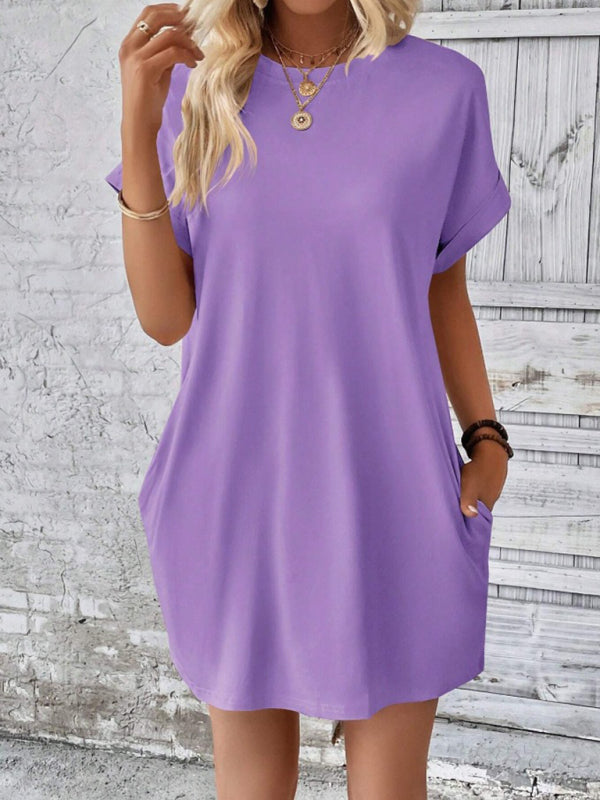 Aspen - Loose Fit Pocket Dress with Round Neck and Short Sleeves