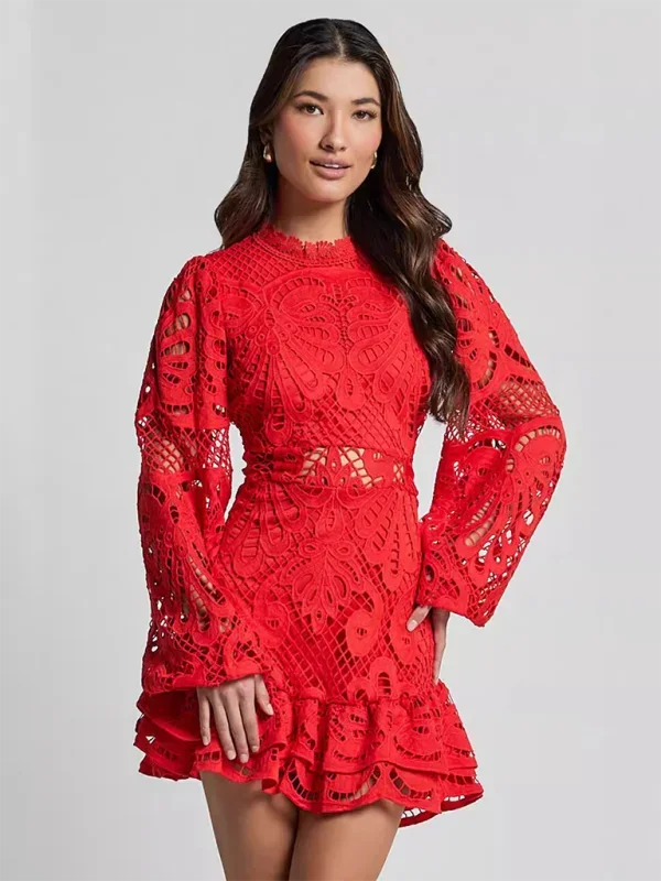 Stella - Women’s Long Sleeve Ruffled Lace Mini Dress
