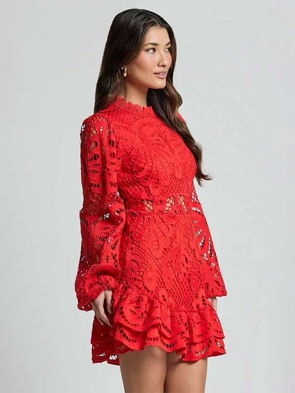 Stella - Women’s Long Sleeve Ruffled Lace Mini Dress