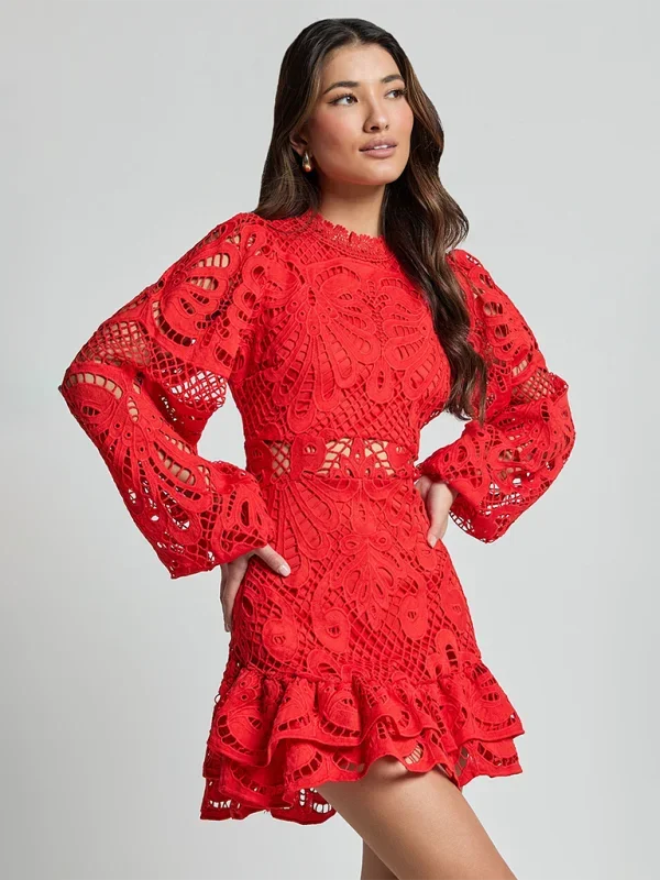 Stella - Women’s Long Sleeve Ruffled Lace Mini Dress