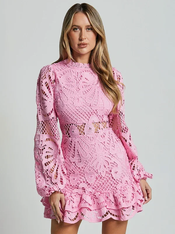 Stella - Women’s Long Sleeve Ruffled Lace Mini Dress