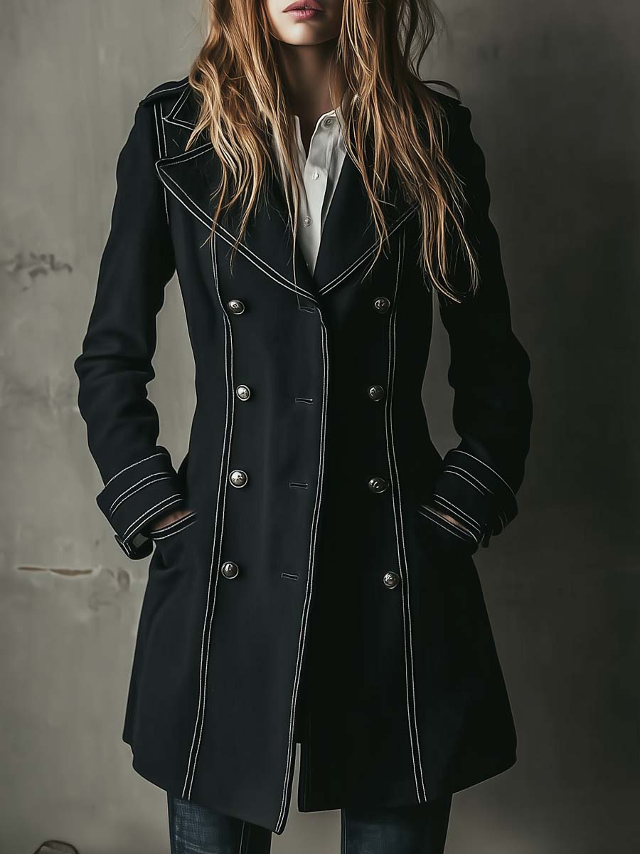 Black Double-Breasted Military Coat With Contrast Stitching