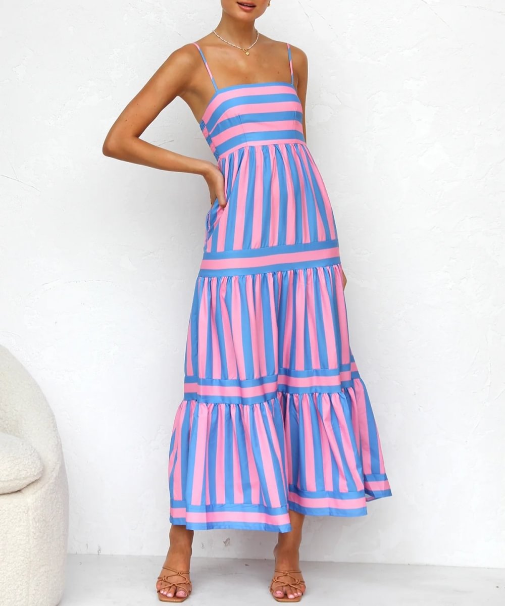 Harley - Striped Tiered Midi Dress Cotton Blend for Casual Elegance