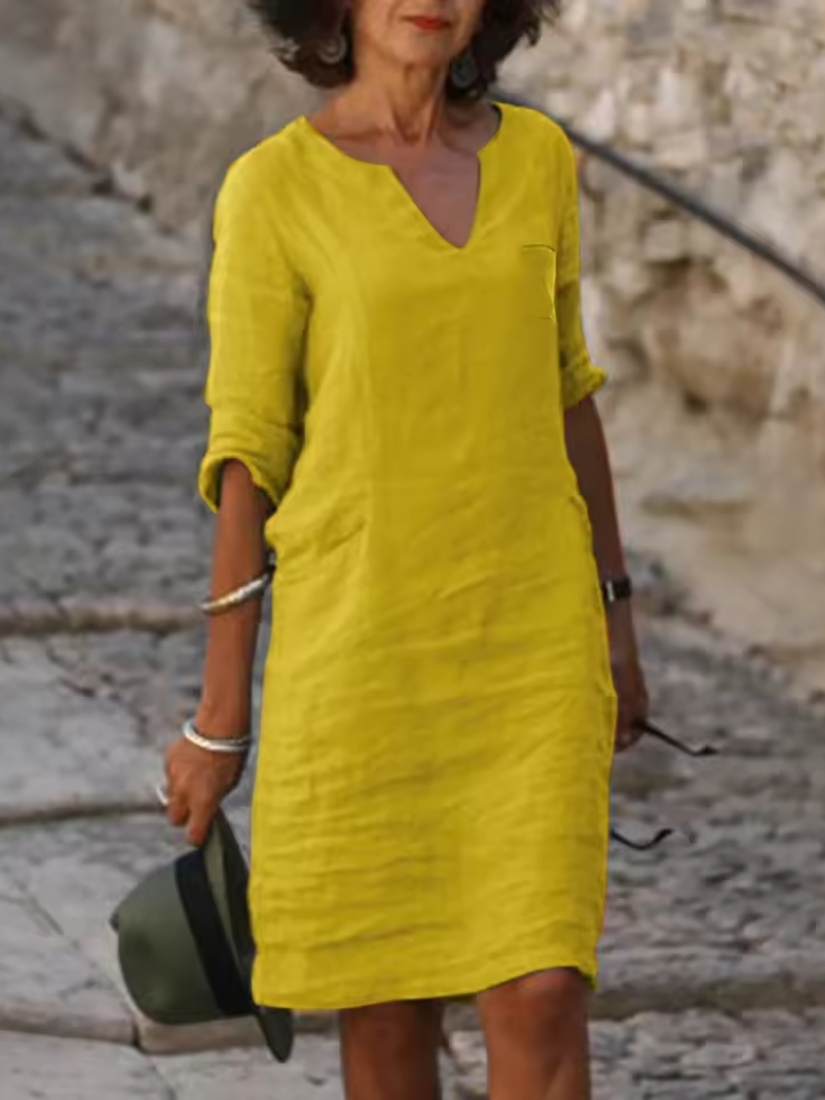 Mila - V-Neck Cotton Linen Dress with Mid Sleeves and Slim Fit