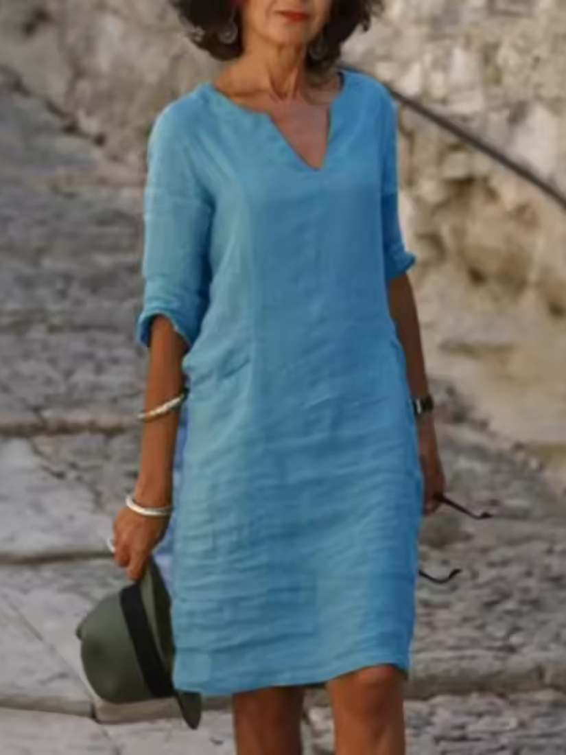 Mila - V-Neck Cotton Linen Dress with Mid Sleeves and Slim Fit