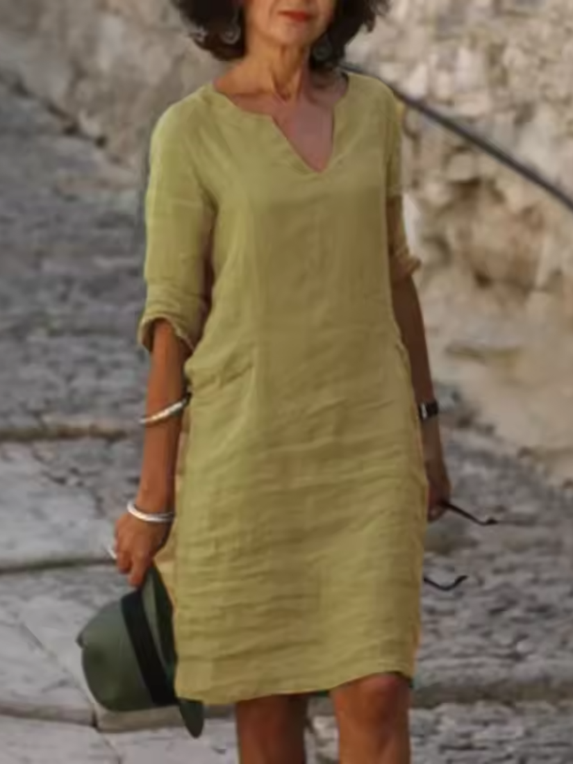 Mila - V-Neck Cotton Linen Dress with Mid Sleeves and Slim Fit