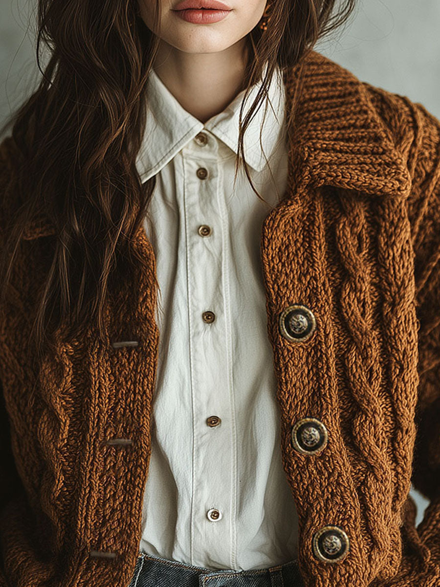 Vintage Rust Brown Chunky Knit Cardigan Jacket