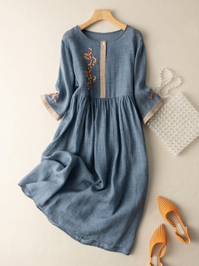 Emily - Women’s Embroidered Cotton-Linen Midi Dress with A-Line Fit
