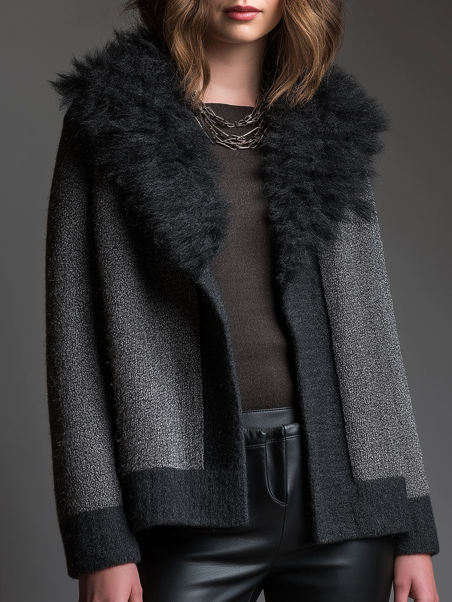 Grey Wool-Blend Knit Cardigan With Black Eco Fur Collar