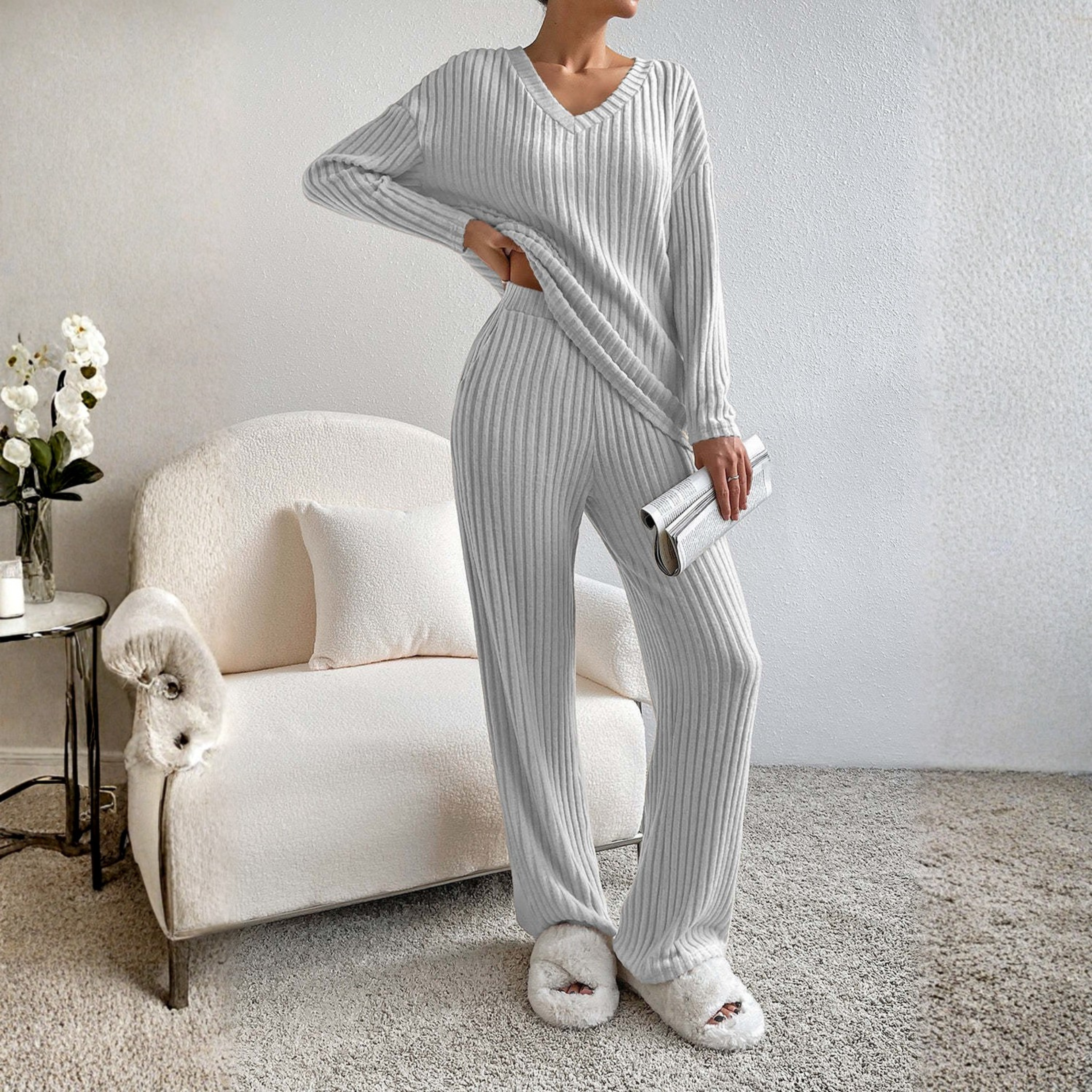 ENLINS™| Casual Long Sleeve V-Neck Top and Pants Set