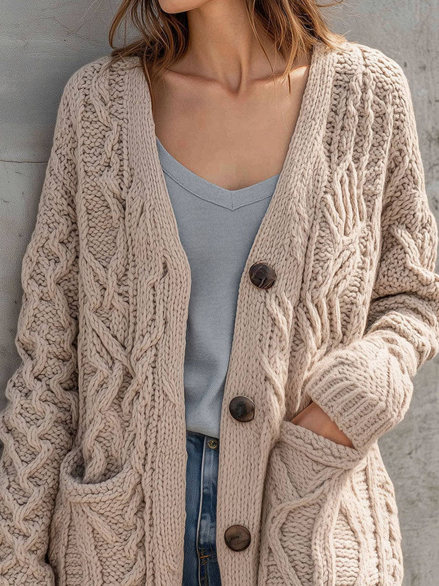 Cozy Beige Cable Chunky Knit Button Front Cardigan With Pockets
