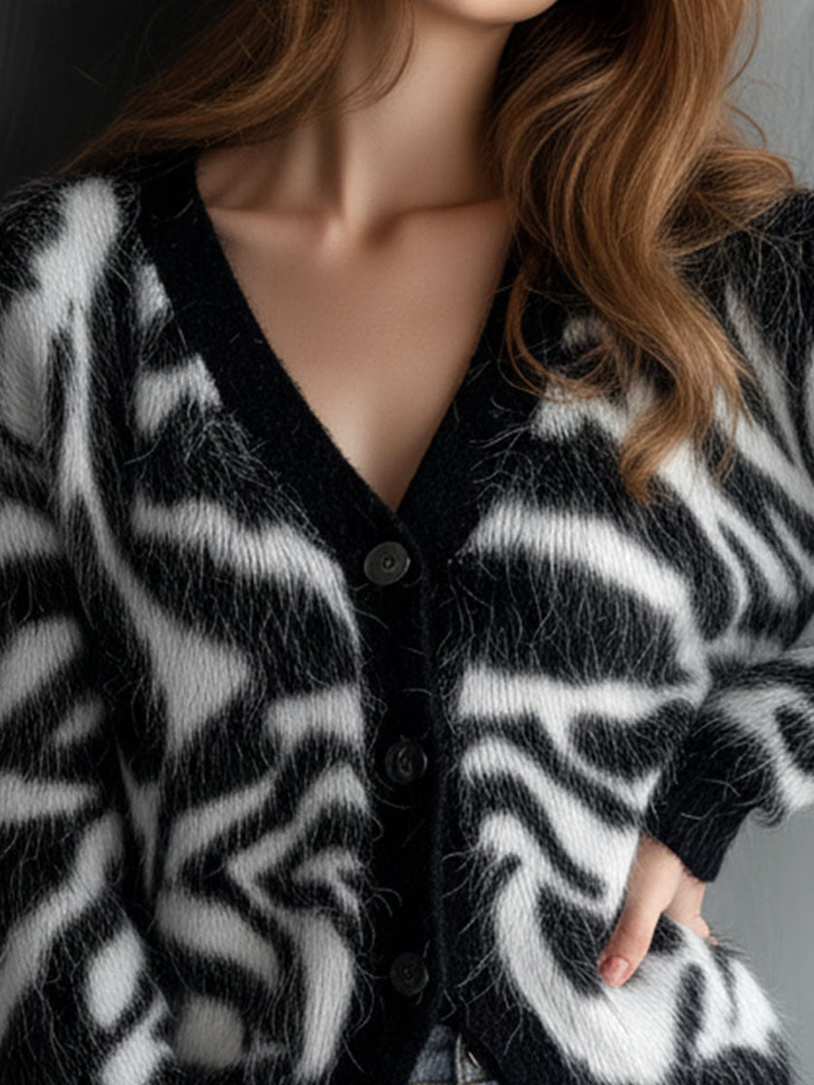 Chic Zebra Pattern Soft Mohair Fuzzy Knit Cardigan