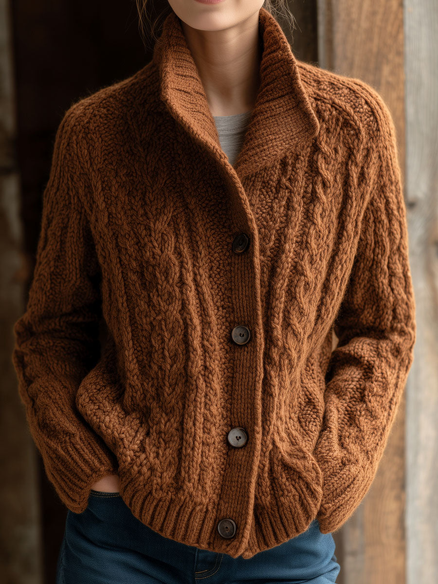 Brown Stand Collar Chunky Cable Knit Cardigan