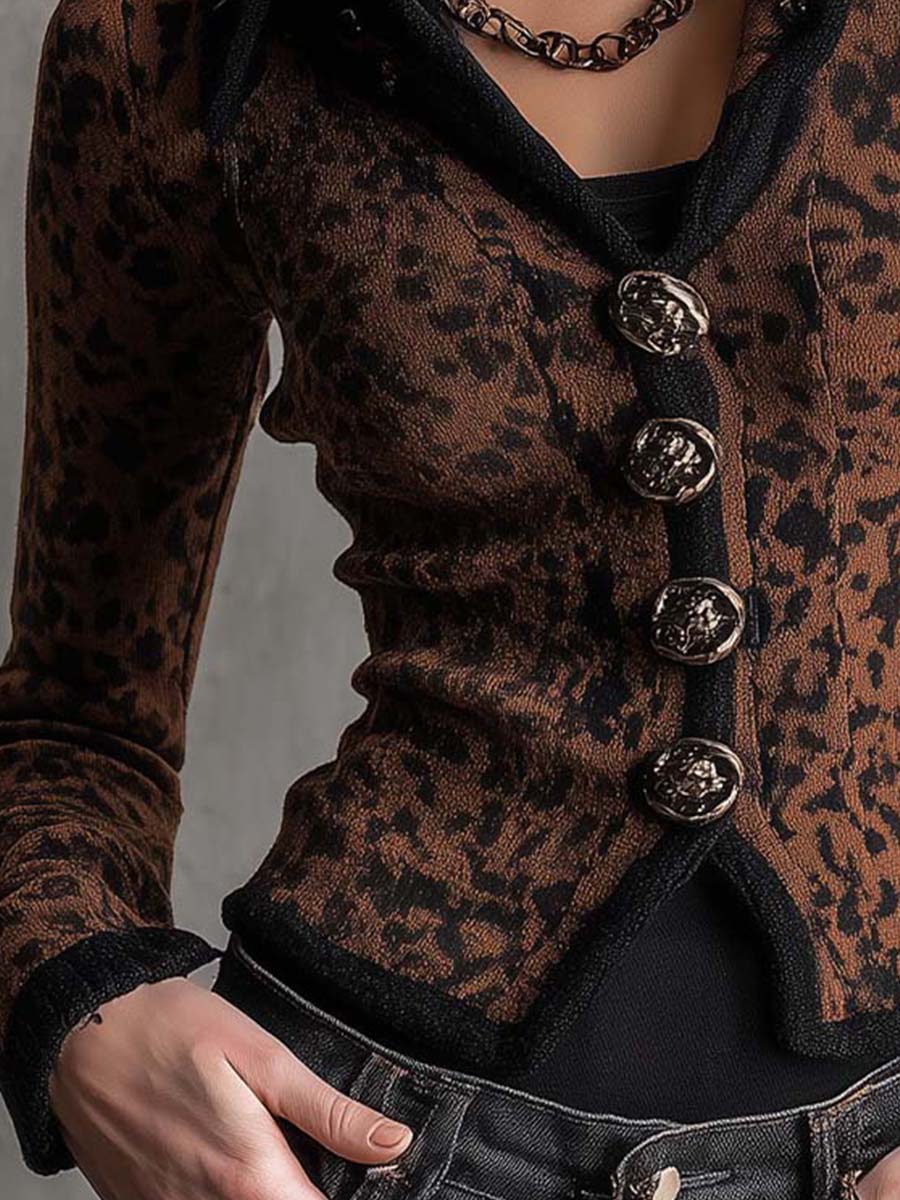 Leopard Print Knit Blazer With Statement Buttons