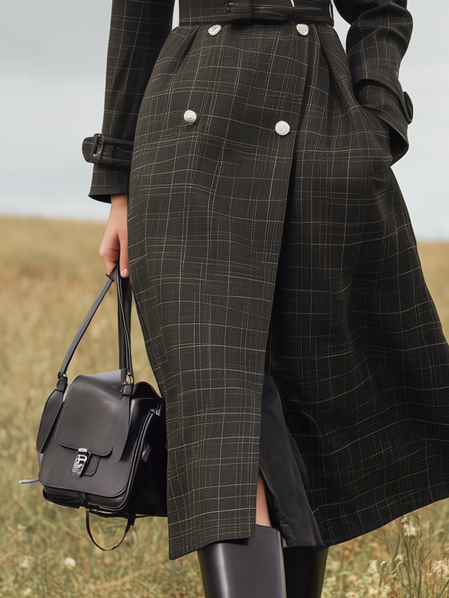 Retro Stand-up Collar Double-breasted Plaid Trench Coat